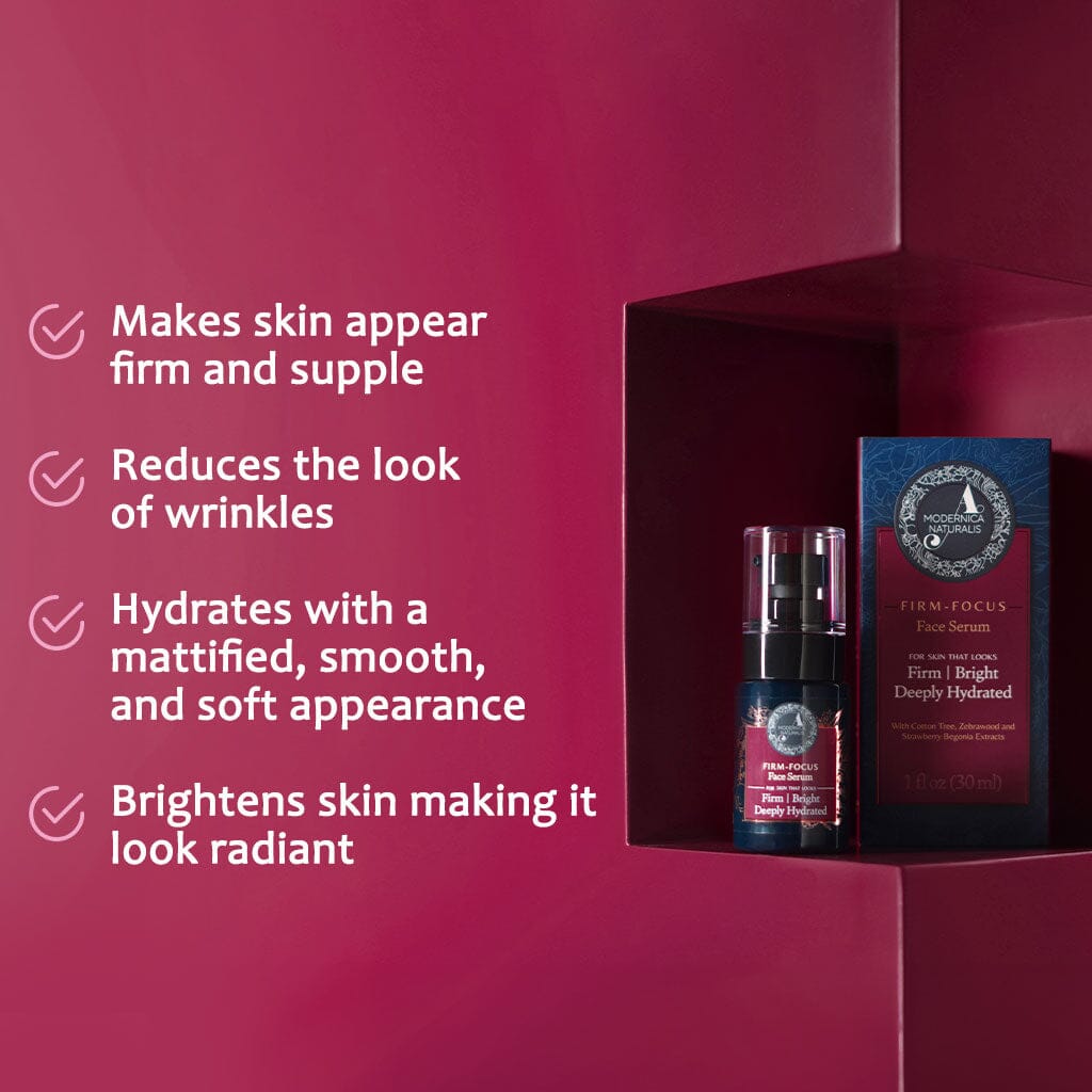 Firm-Focus Face Serum - Firms, Brightens, Hydrates Aging, Crepey Skin - Focused-Firming Formula with Cotton Tree, Zebrawood, Strawberry Begonia - Best Face Serum for Loose, Saggy Facial Skin - With Clinically Tested Ingredient Combinations Face serum A Modernica Naturalis
